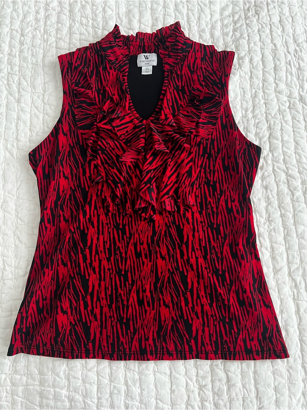 Worthington Red and Black Ruffle V-Neck Sleeveless Top